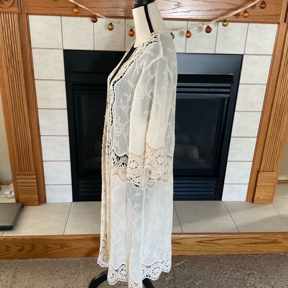 Crochet Open Weave Detail Longline Kimono, One Size Fits Most - Picture 3 of 11